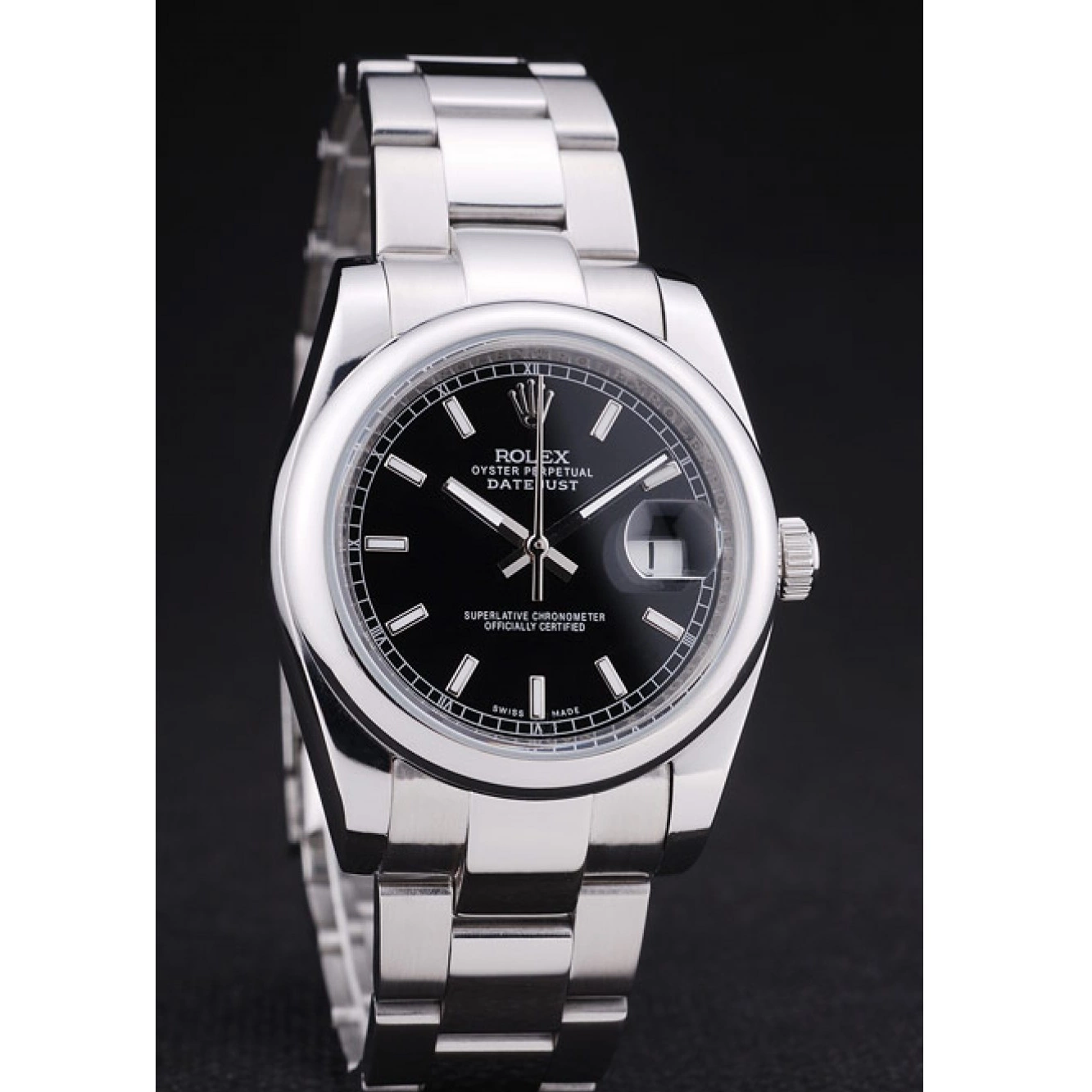 Rolex aaa copy Datejust Black Dial Silver Bezel Polished Rolex 7467 0519
